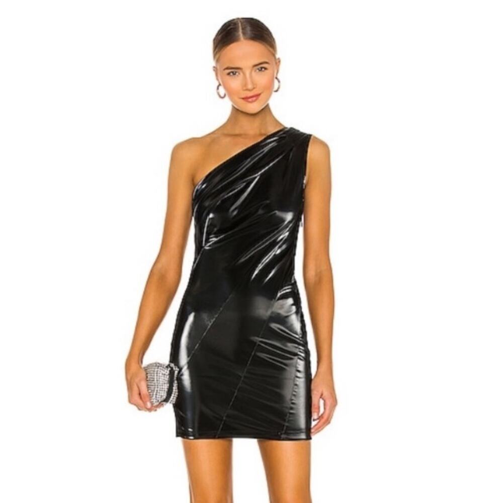 RtA Arie Black Dress Mini One Shoulder Vinyl Faux Leather REVOLVE Size 0 $389